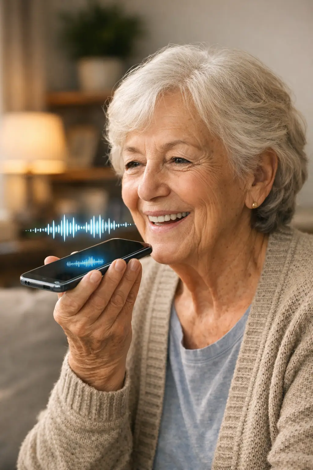 Senior man speaking to a voice assistant smart speaker at home